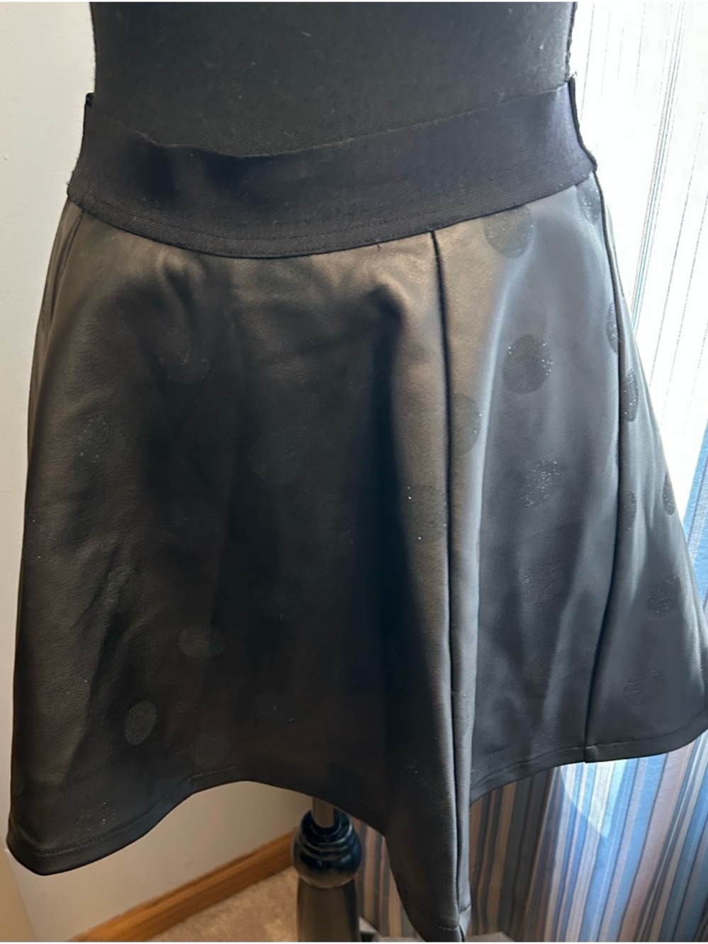 Justice Black Faux Leather polka dot Skater Skirt/skort with Elastic Waistband